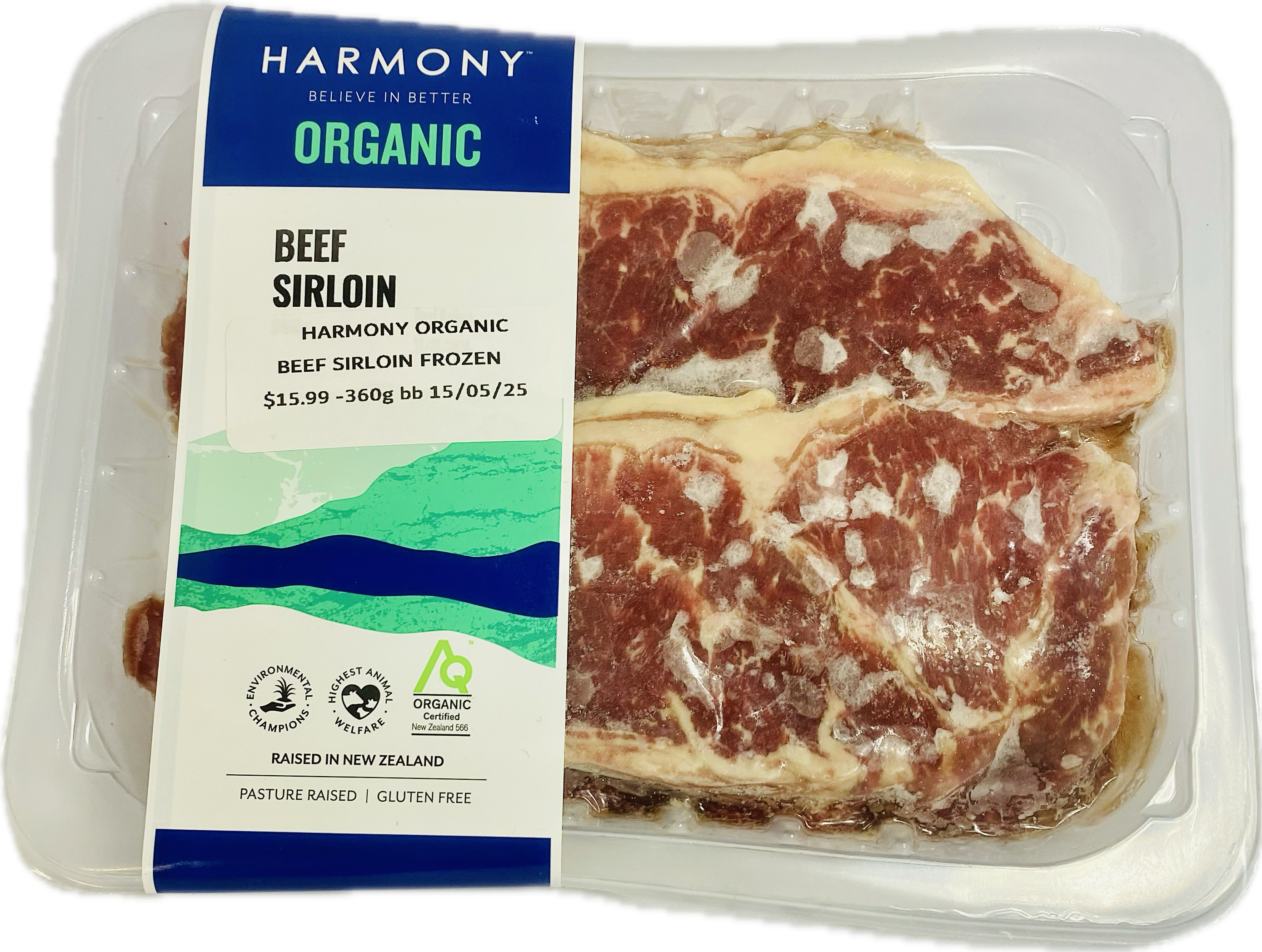 HARMONY ORGANIC BEEF SIRLON FROZEN TWINPACK 360G